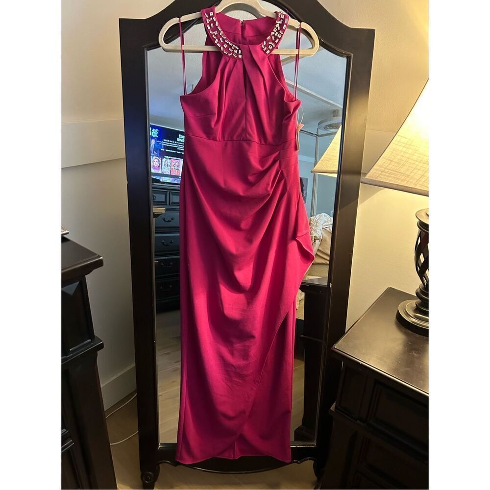 NEW SLNY Maxi Long Crepe Dress Embellished Halter Neckline 6 - Picture 4 of 4